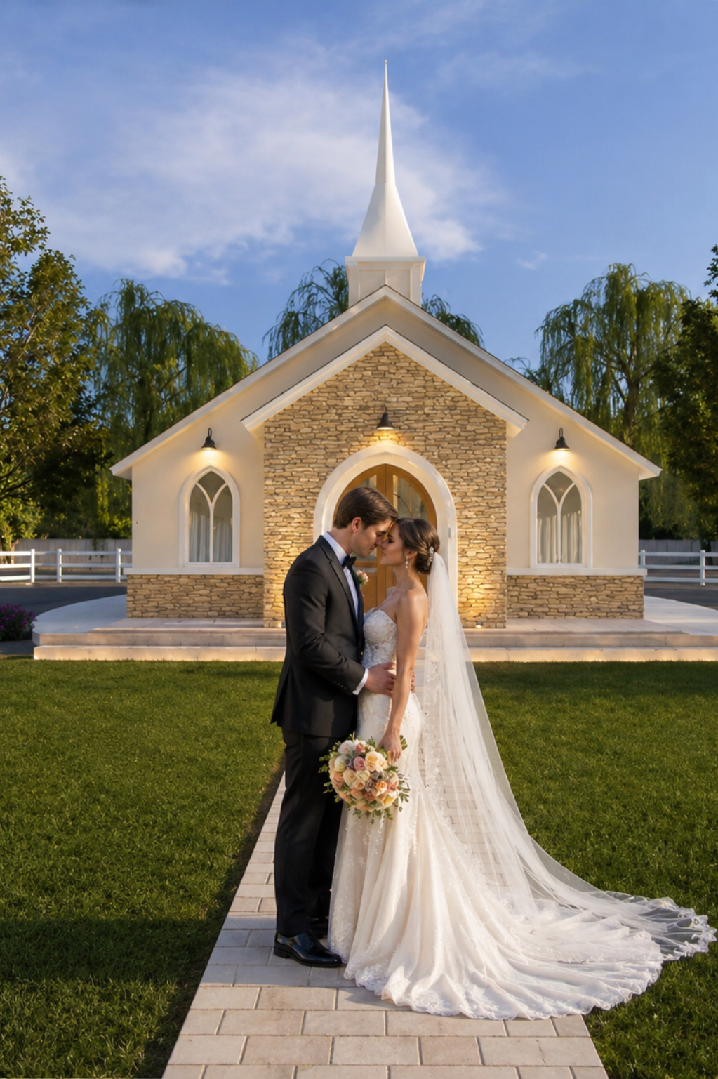 bride and groom in front of wedding chapel
